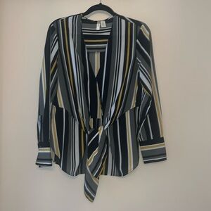 Japna Striped Tie Front Trendy Blouse Green Black Gold White